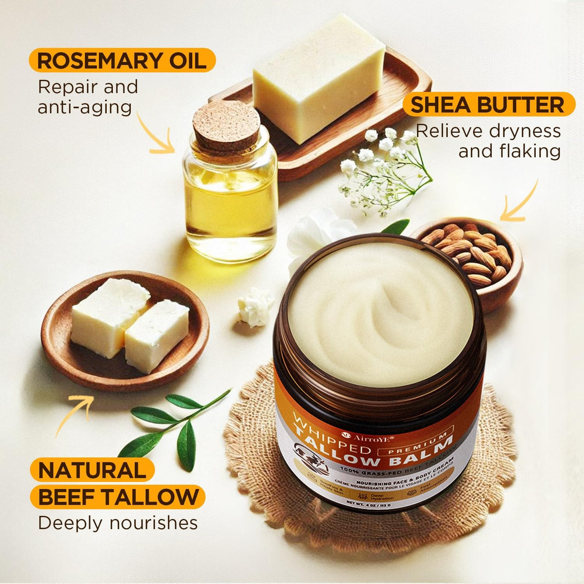 Grass-Fed Beef Tallow Skin Moisturizer - Natural Hydrating Balm 4oz