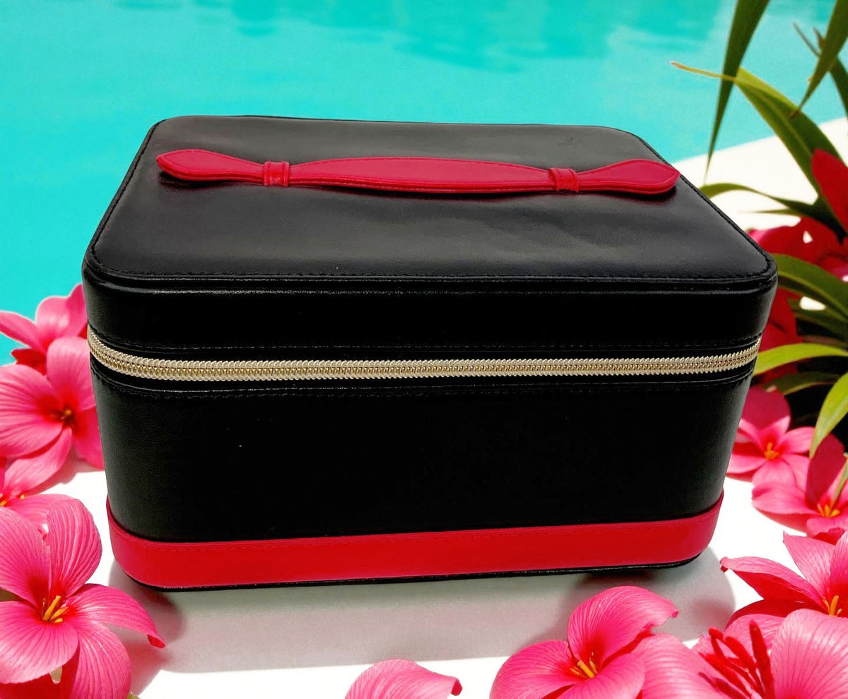 Large Leather Cosmetic Storage Box with Mirror - Black & Red Organizer