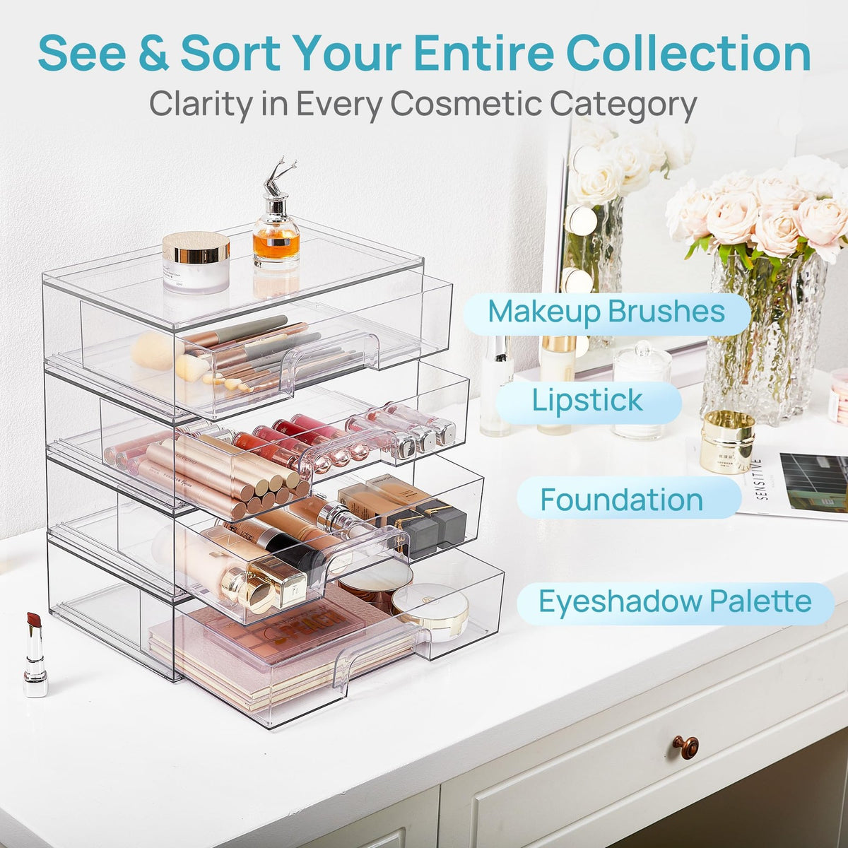 Clear Stackable Storage Drawers - 2 Pack Wide Plastic Organizers