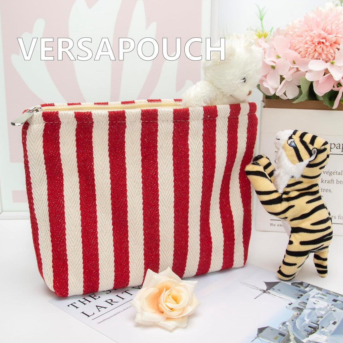 Slim Zipper Makeup Bag for Women - Canvas-Lined Cosmetic Pouch, Red Stripe