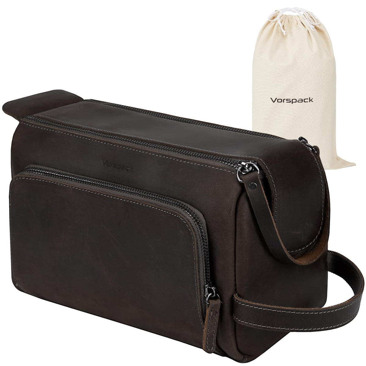 Genuine Leather Toiletry Bag for Men Water-Resistant Travel Case Dark Brown