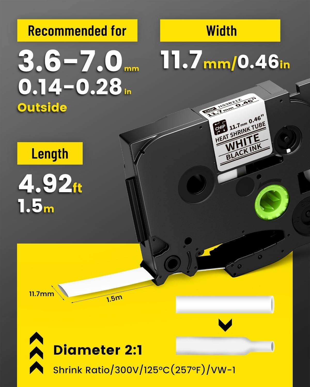 E1000 Heat Shrink Label Tapes 0.46'' (11.7mm) White on Black for PT-E560/HSe-231