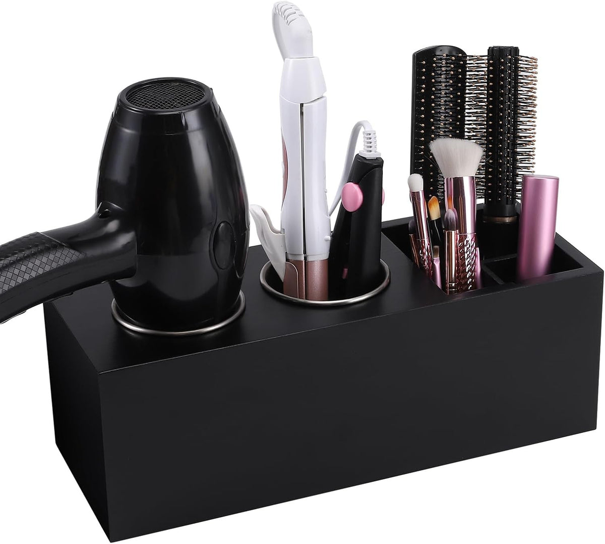 Wall Mount Hair Dryer and Curling Iron Organizer in Cedar Wood - Black