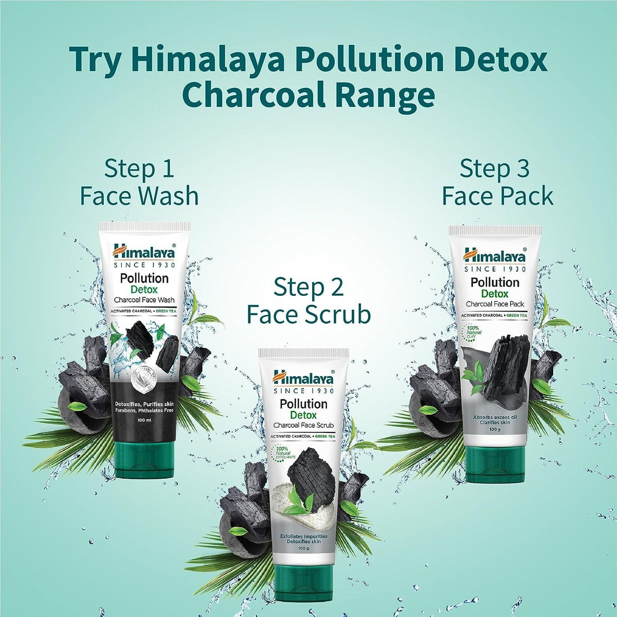 Pollution Detox Charcoal Face Scrub with Green Tea - Natural Exfoliant for Deep Cleansing, Brightening Skin - 50g Himalaya