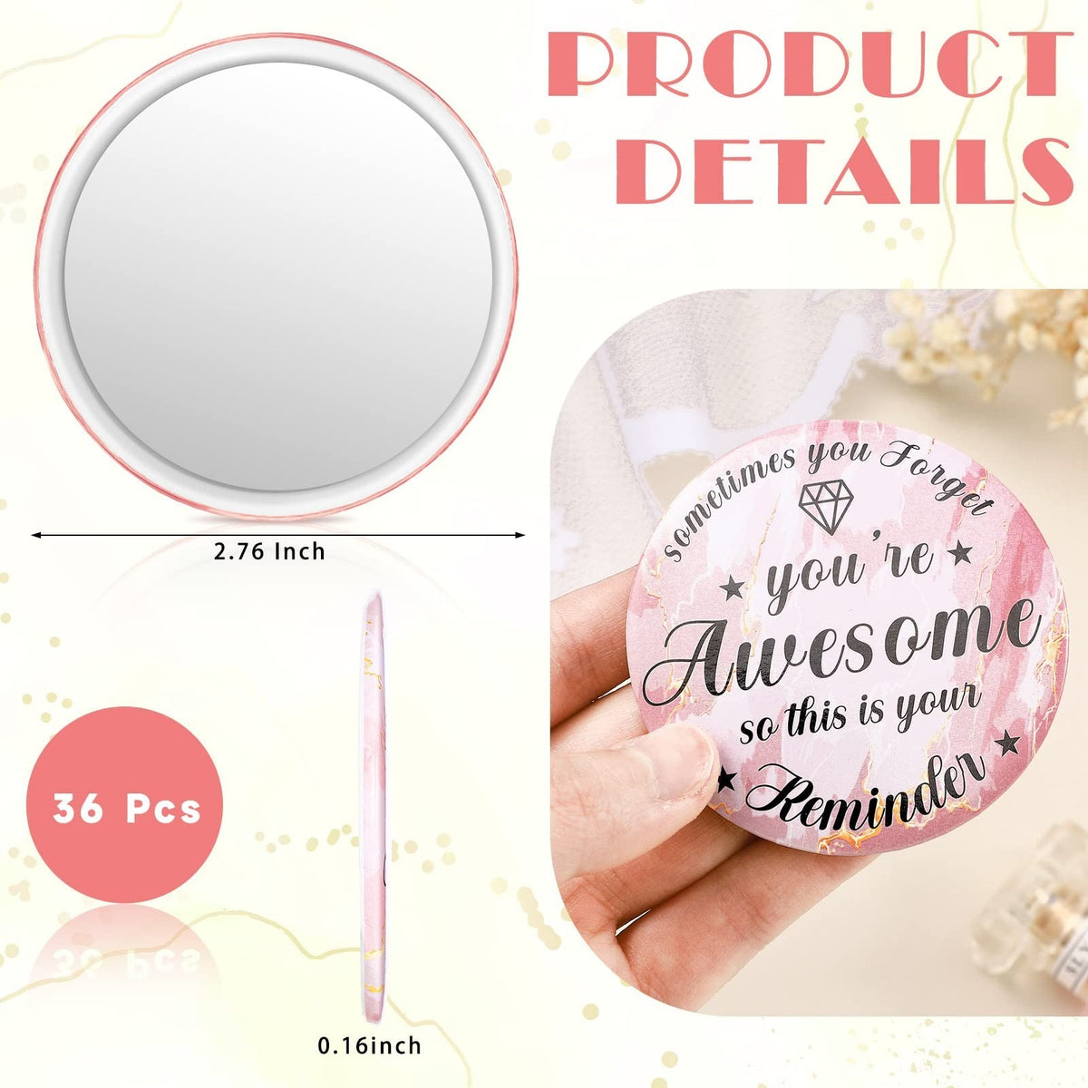 36 Pack Inspirational Rose Gold Compact Mirrors - Small Portable Makeup Gift Set