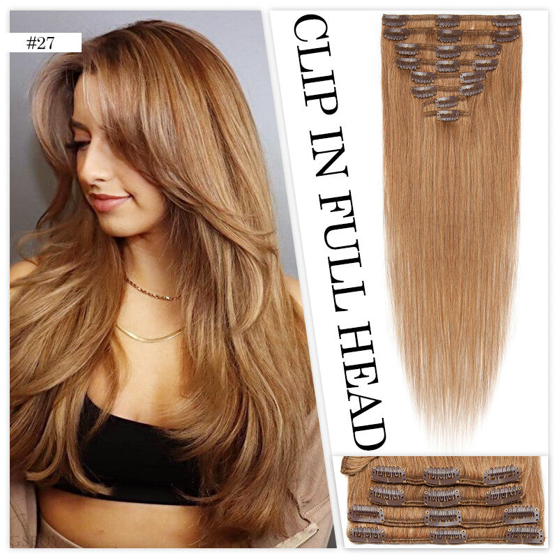 Clip-In Human Hair Extensions Full Head Set - Remy Straight Hair 8 Pieces