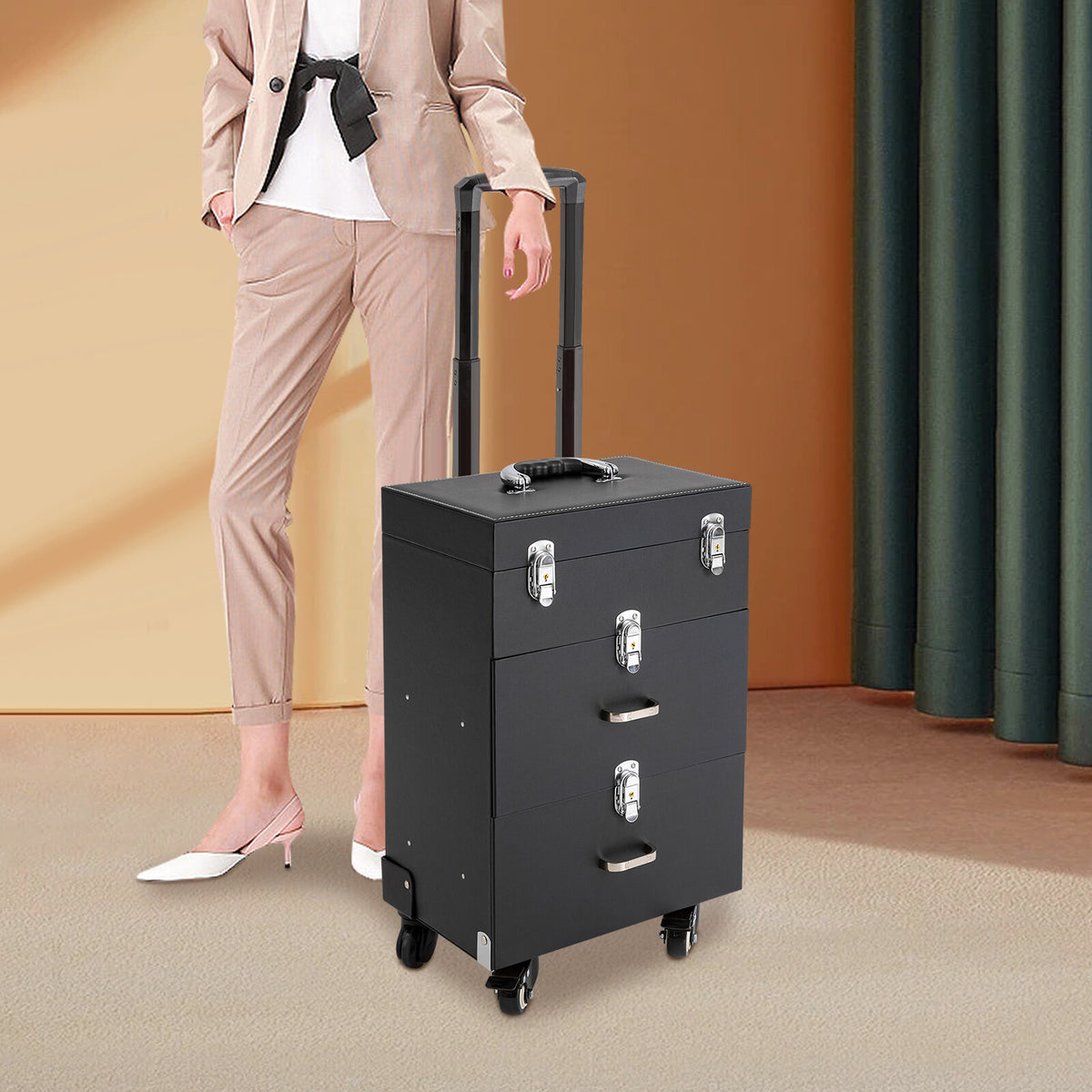 Rolling Makeup Train Case Aluminum Cosmetic Trolley Organizer with Locking Compartments