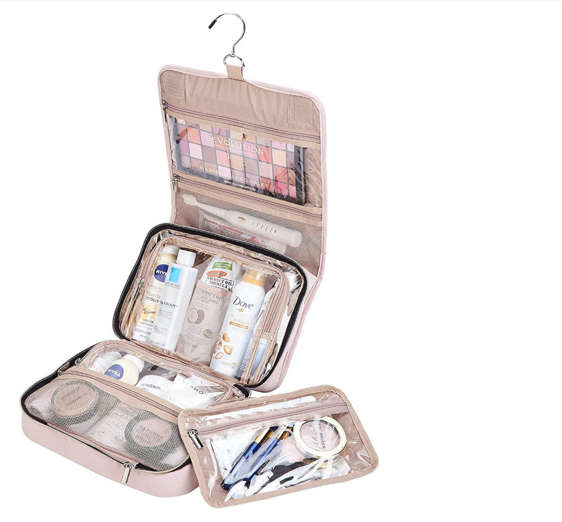 Large Travel Cosmetic Organizer Bag with Hanging Hook - Pink, 4 Sections