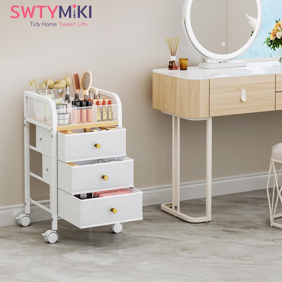 Rolling Makeup Organizer Cart with 3 Non-Woven Drawers Under Desk Storage