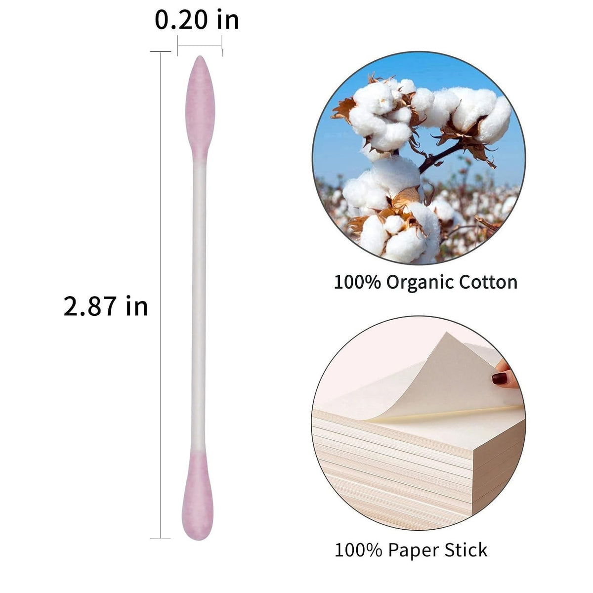 Organic Pink Cotton Swabs - 400 Count with Precision Pointed & Round Tips