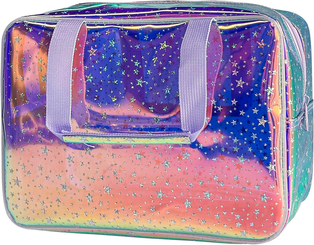 Large Holographic Purple Star Cosmetic Travel Bag with Handle Waterproof