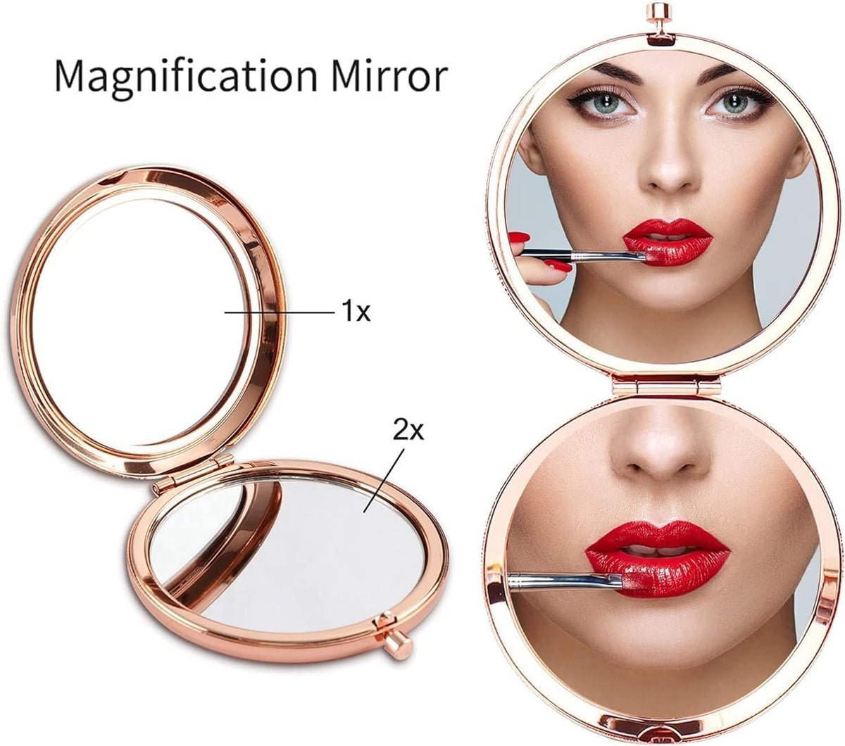 Rose Gold Compact Mirror with 2x Magnification for Women - Portable Bird Watercolour Design