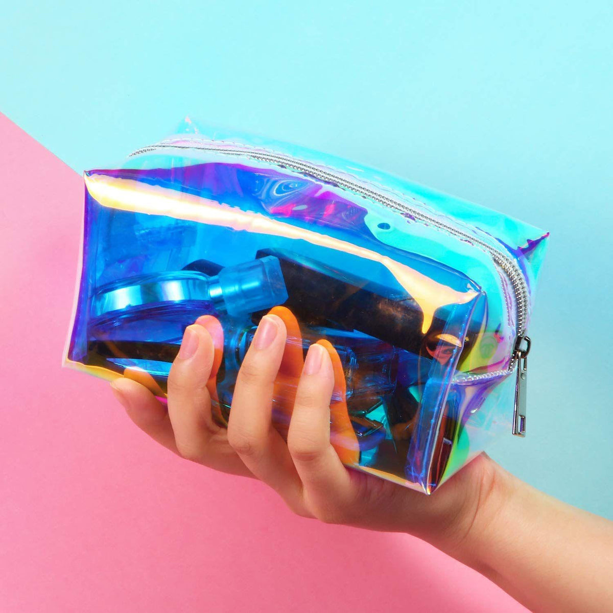 Clear Iridescent Holographic Makeup Bag Glitter Travel Cosmetic Pouch 2 Pack