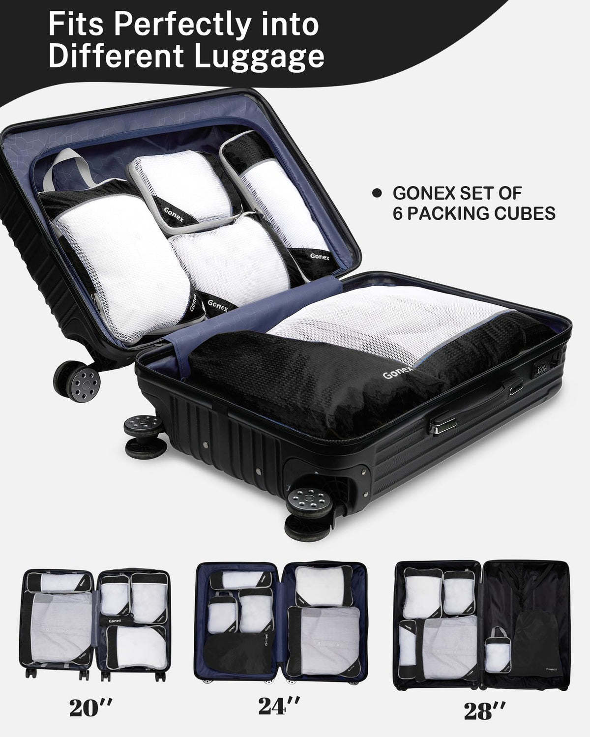 Gonex 6-Piece Packing Cubes Set with Laundry Bag – L, M, S, XS, Slim