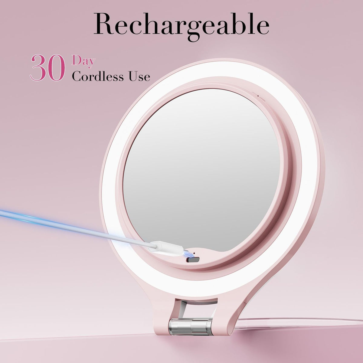 Lighted Travel Makeup Mirror with 10X Magnification and Rechargeable LED