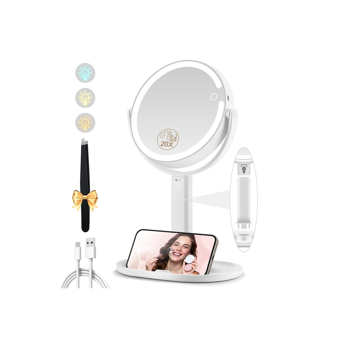 Rechargeable LED Lighted Makeup Mirror with 20X Magnification and 3 Color Settings
