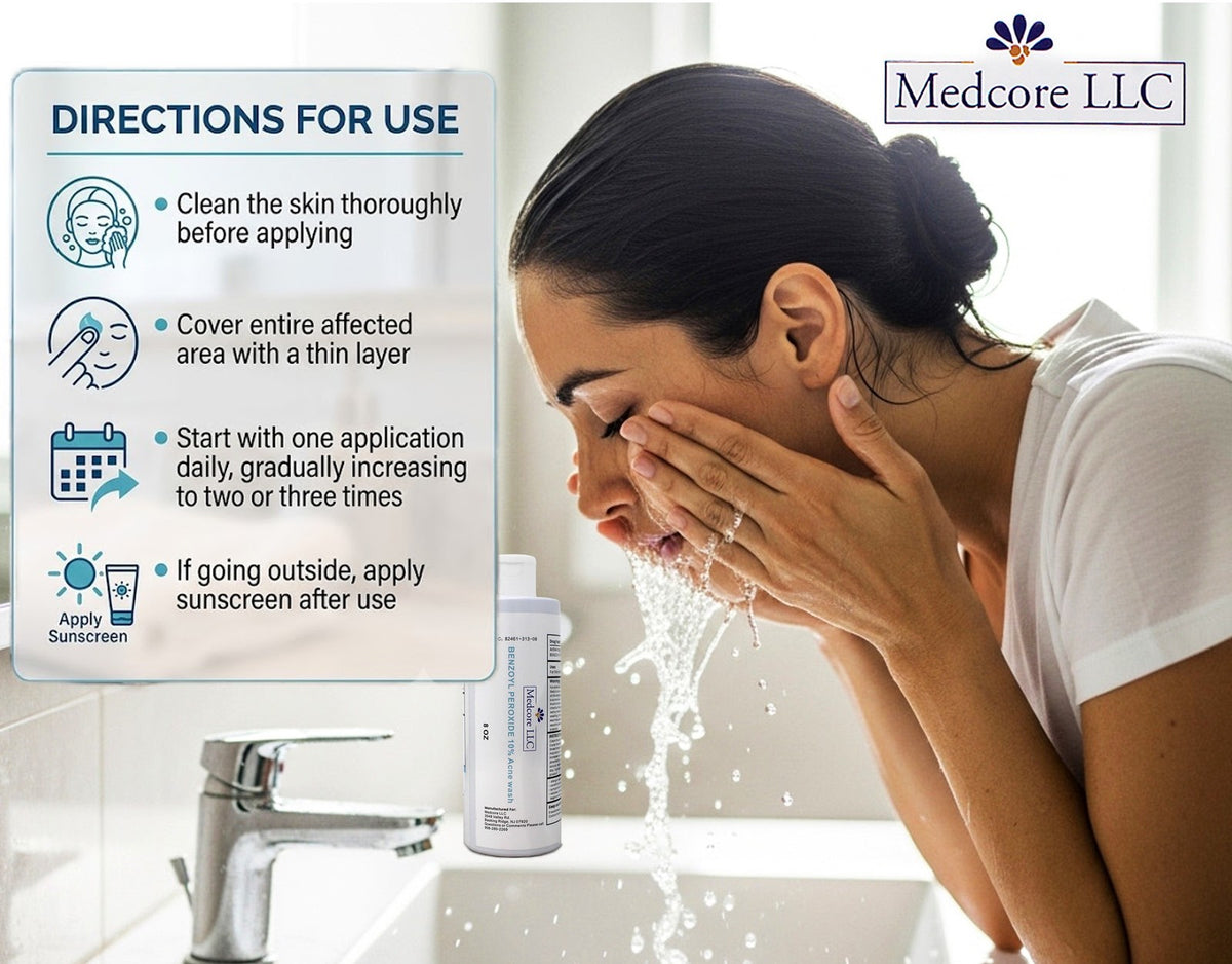Medcore Benzoyl Peroxide 10% Acne Wash - Maximum Strength Face & Body Cleanser 8oz 3 Pack