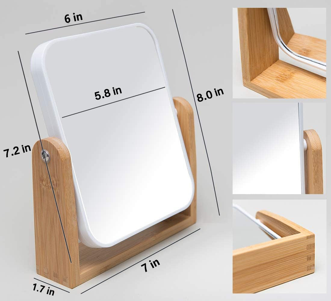 Vanity Makeup Mirror with Bamboo Stand, 8 Inch Double-Sided 360° Swivel