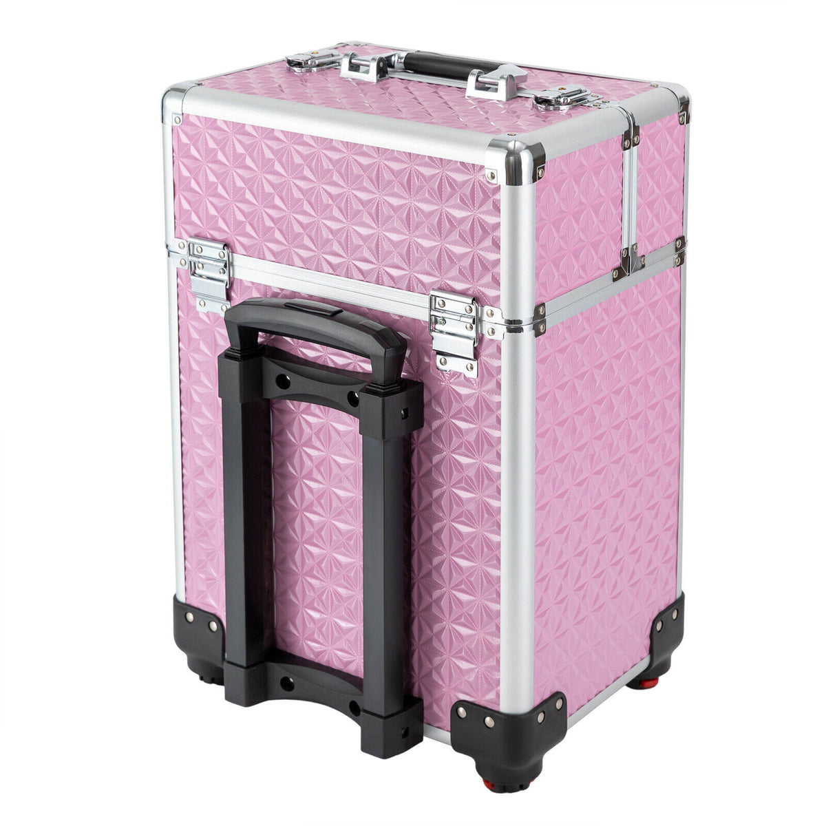 Pink Aluminum Makeup Train Case with 7 Compartments & Wheels