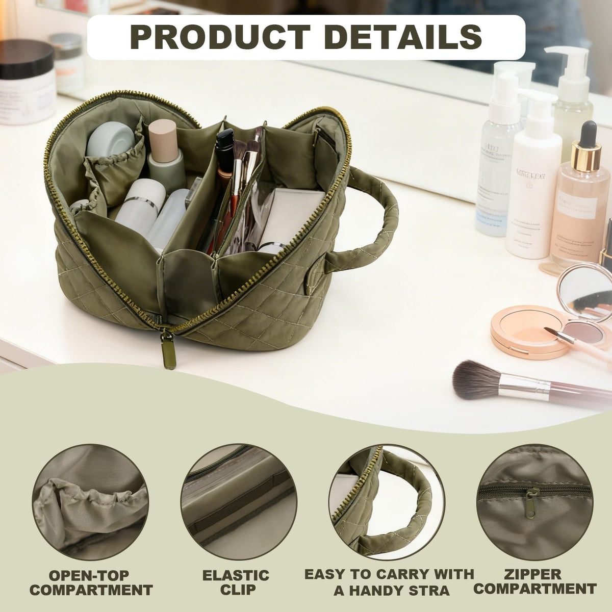 Travel Makeup Bag with 180° Flat Opening and Waterproof TPU - Green