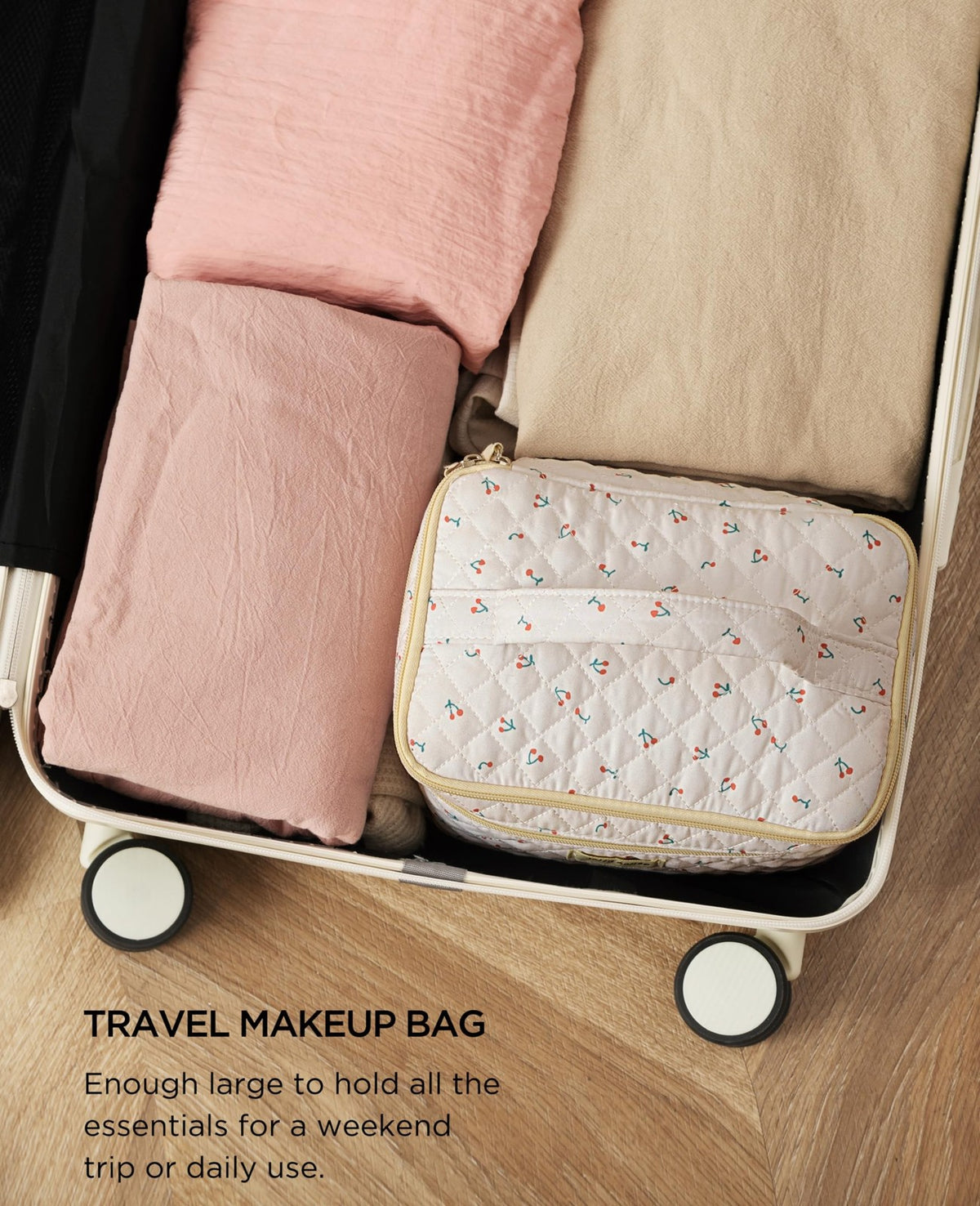 Large Cotton Quilted Travel Makeup Bag Set - Women Cosmetic Organizer