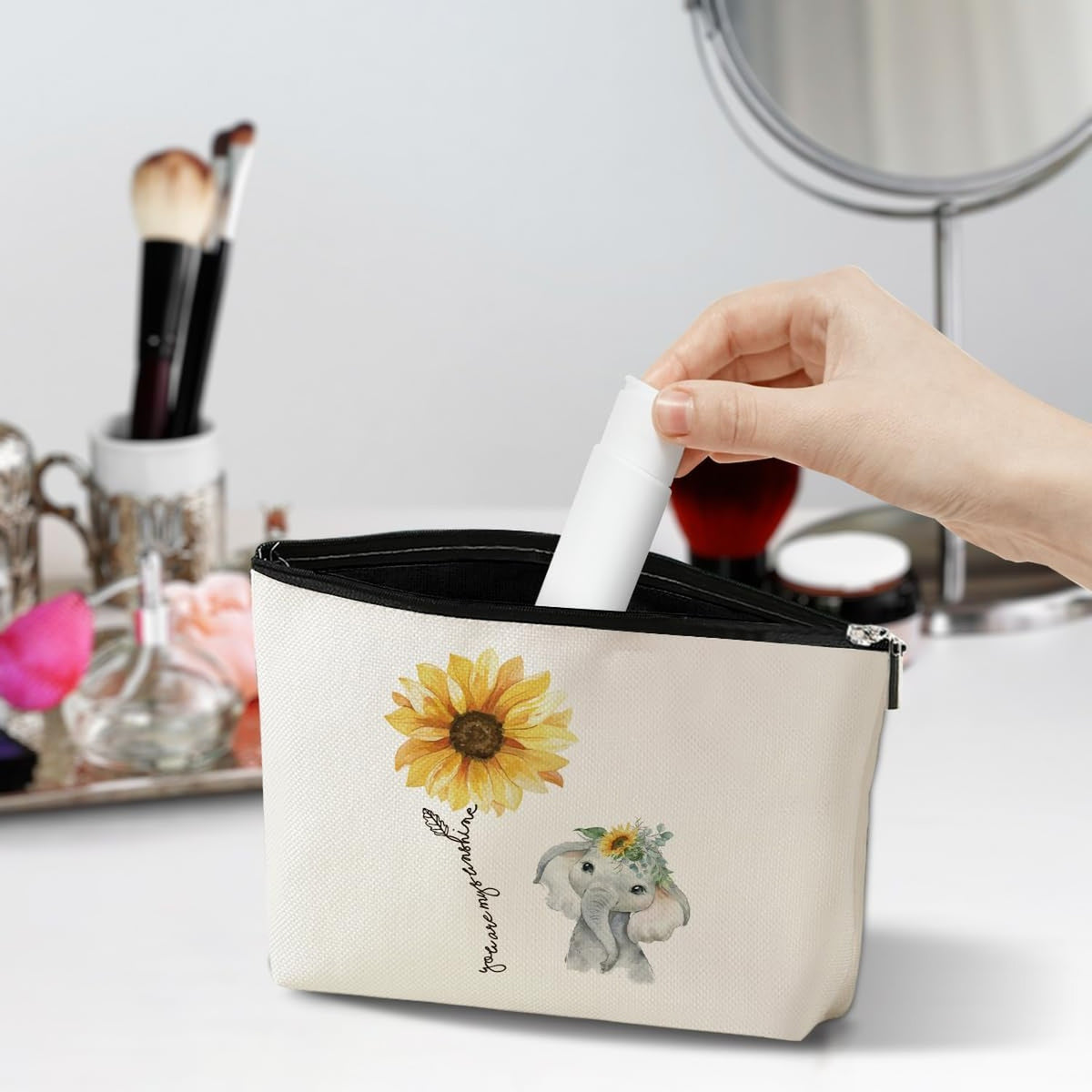 Funny Sunflower Elephant Makeup Bag for Women Travel & Gift