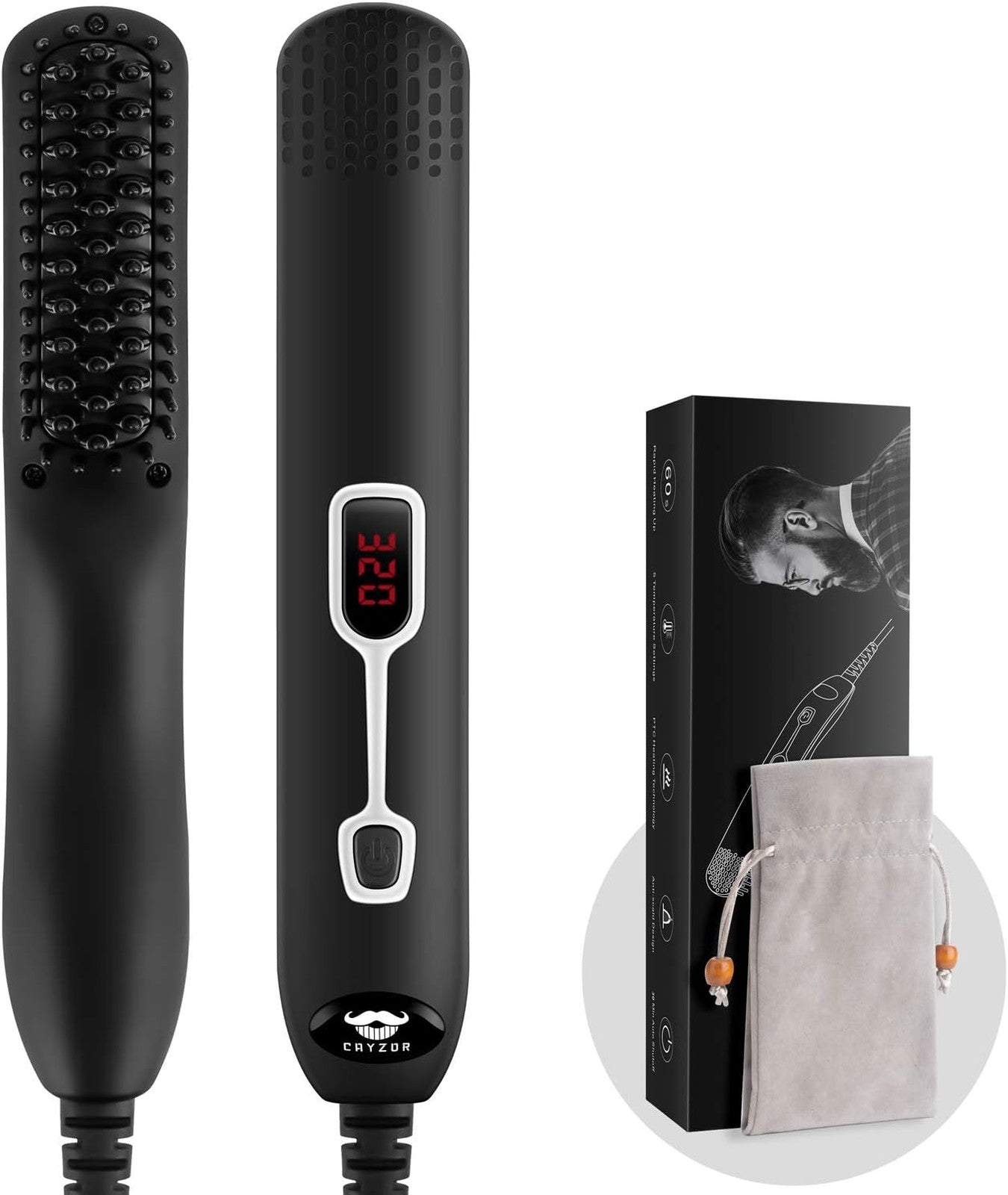 Electric Beard Straightener Comb for Men - Portable Heated Styling Brush with LCD
