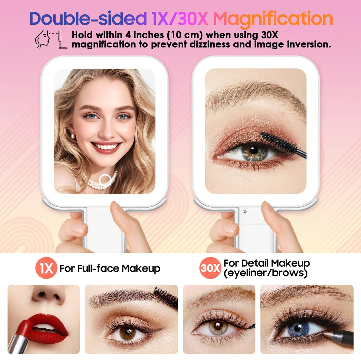 Lighted Travel Mirror with Magnification 30X/1X, Portable Makeup Mirror with LED Lights