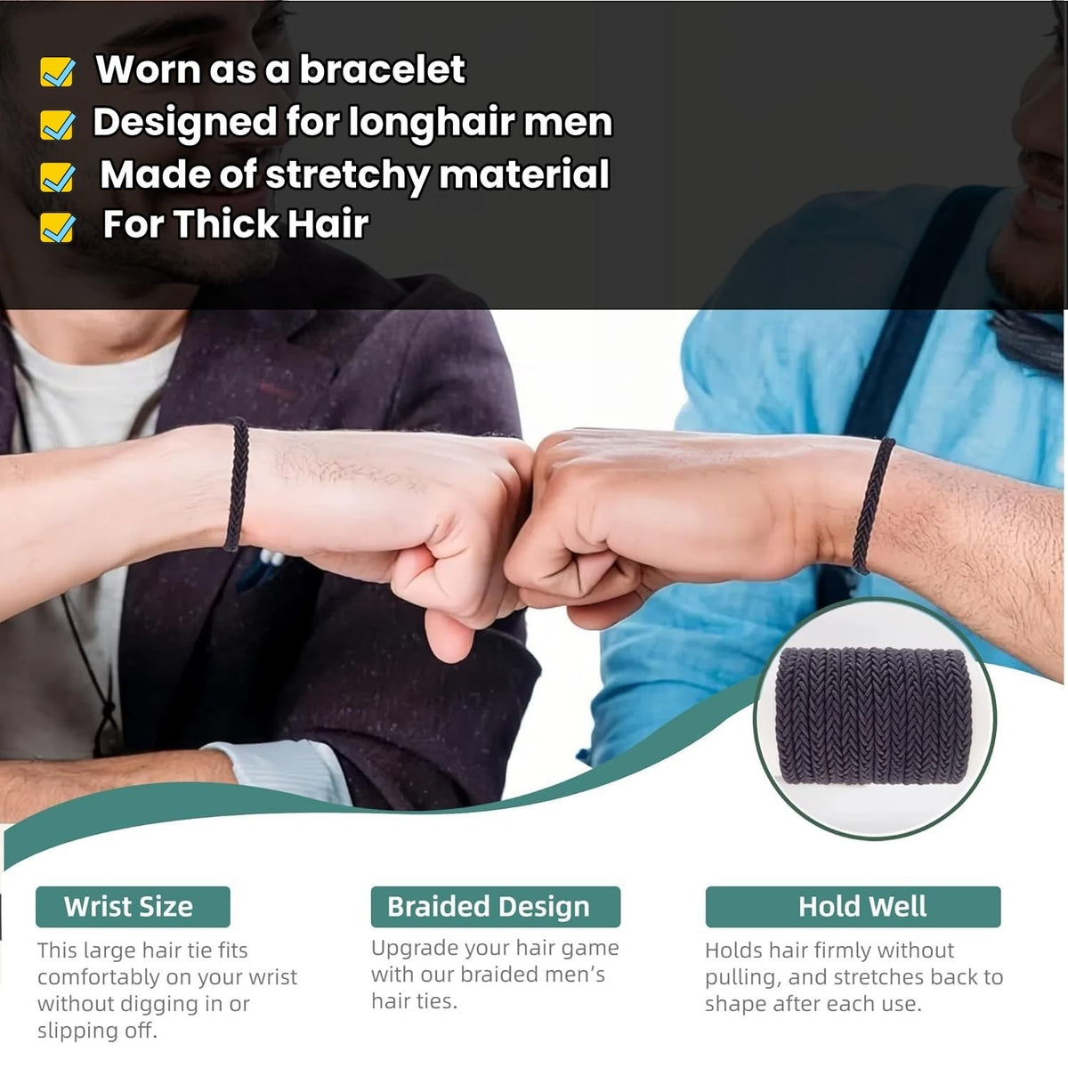 Large Braided Mens Hair Ties,Black Pony Tails 1 Count (Pack of 12),