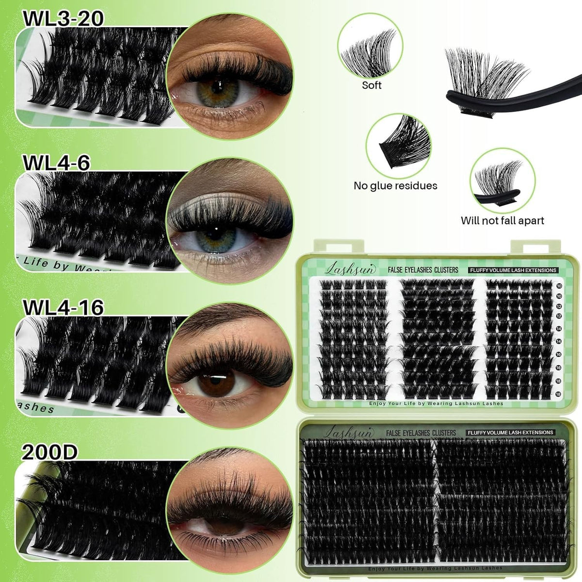 Lash Clusters Kit 540pcs D Curl False Eyelash Extensions with Bond & Tweezers