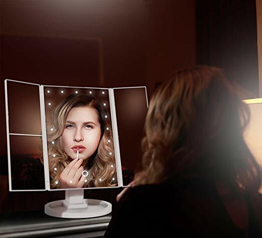 Tri Fold Makeup Mirror with Dimmable LED Lights, Magnifiers, USB or Battery Power