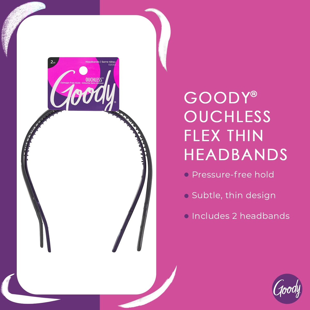 Goody Ouchless Flex Thin Pressure-Free Headband 2 Count (Pack of 1),