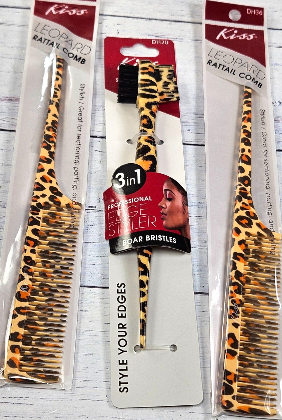 Leopard Print Hair Comb and Brush Set with Rattail Comb and Edge Styler
