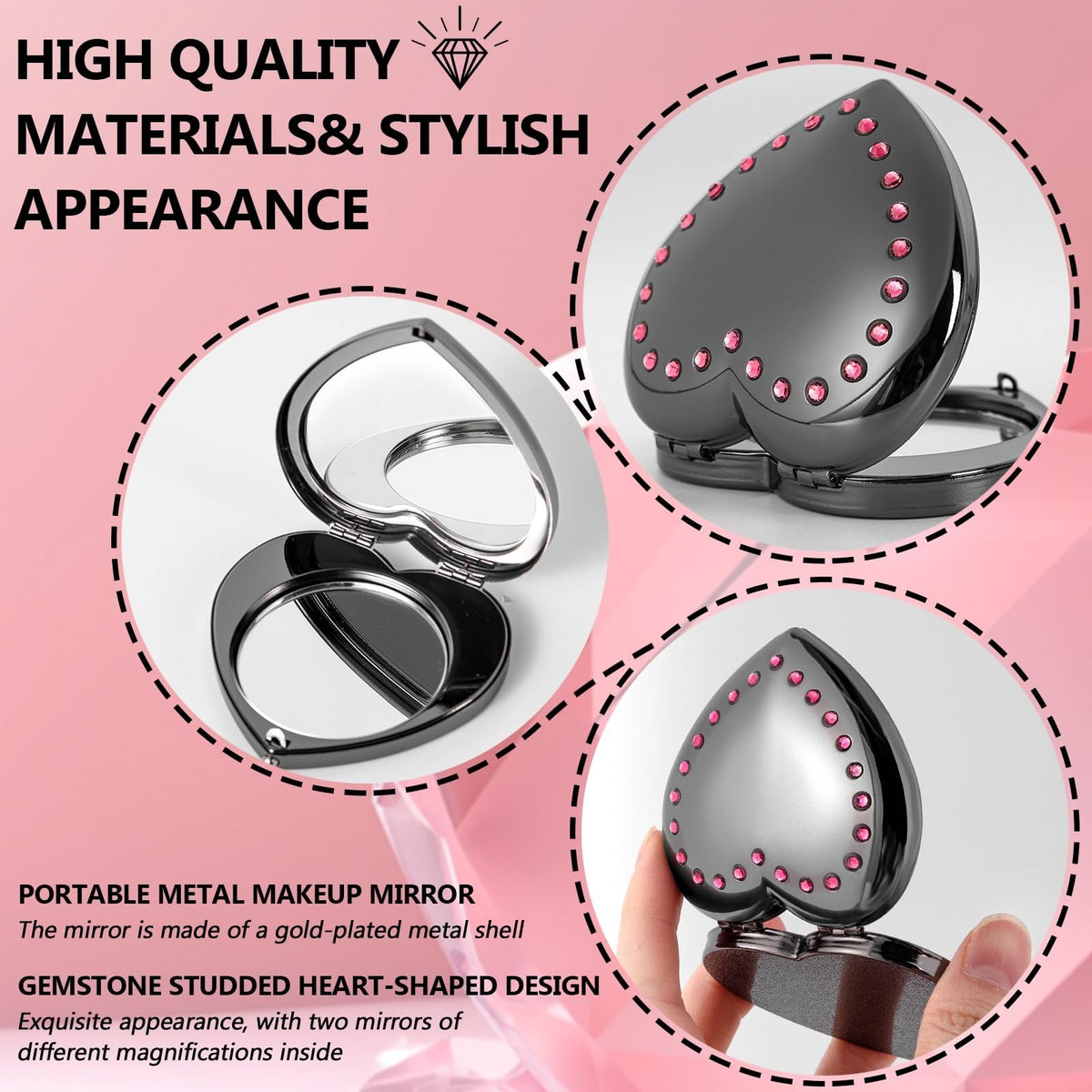 Heart-Shaped Mini Portable Folding Mirror with 1X/2X Magnification