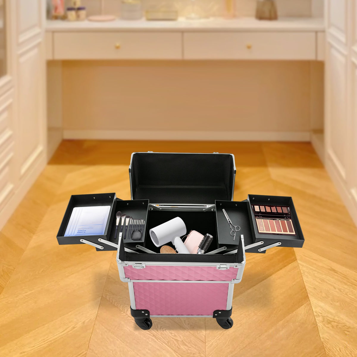 Large Multi-Tier Makeup and Nail Storage Case with Wheels, Pink