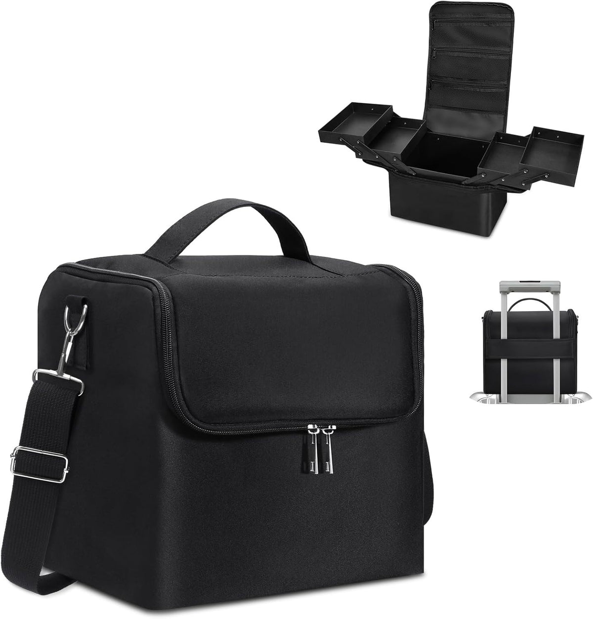 4-Tier Black Makeup Carrying Case with Detachable Shoulder Strap