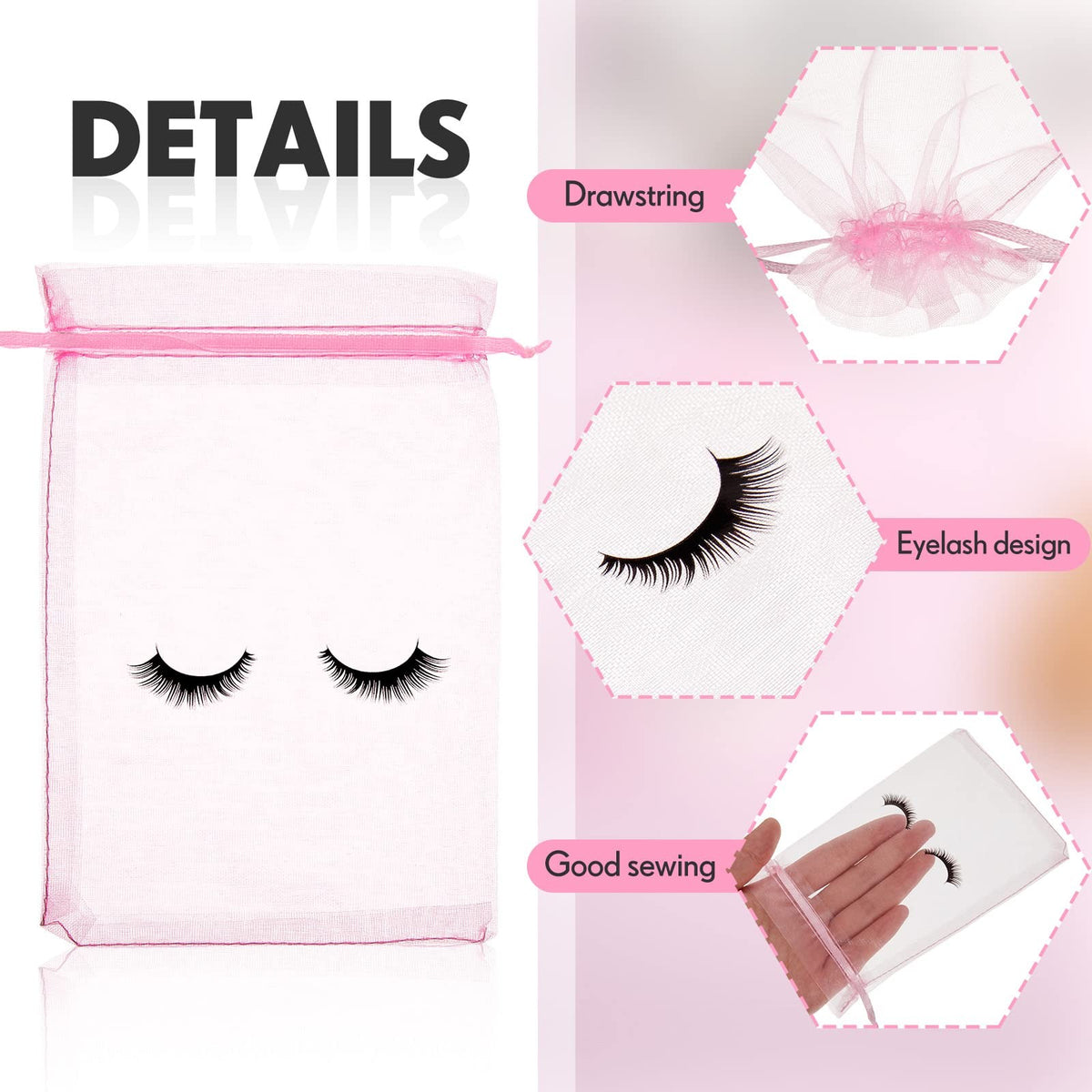 Eyelash Aftercare Bags 100 Pcs Cosmetic Drawstring Organza Pouches Pink & Black