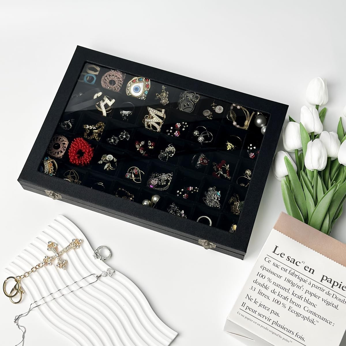 Jewelry Organizer Box with 40 Grid Compartments and Transparent Lid for Earrings and Rings