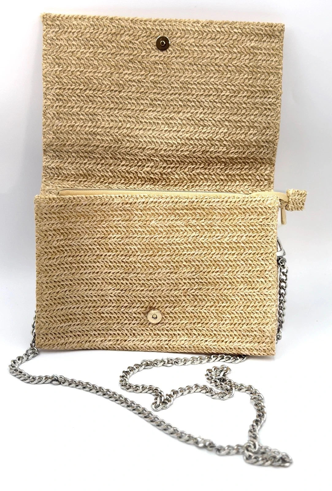 Straw Raffia Cosmetic Pouch with Silver Chain - Travel & Makeup Bag