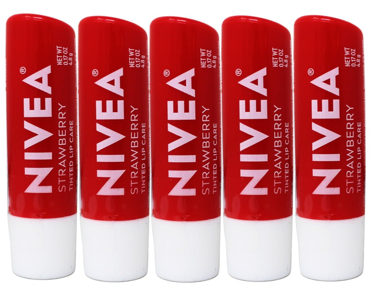 NIVEA Strawberry Lip Balm Set - Tinted Moisturizing Lip Care 0.17 Oz 5 Pack