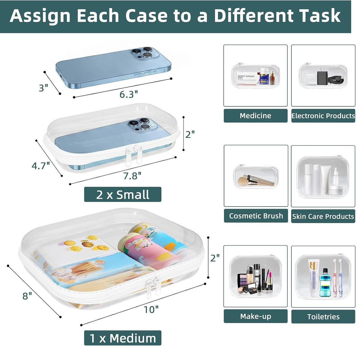 Clear Hard Shell Zipper Cases Set of 3 Waterproof Plastic Organizer Bags