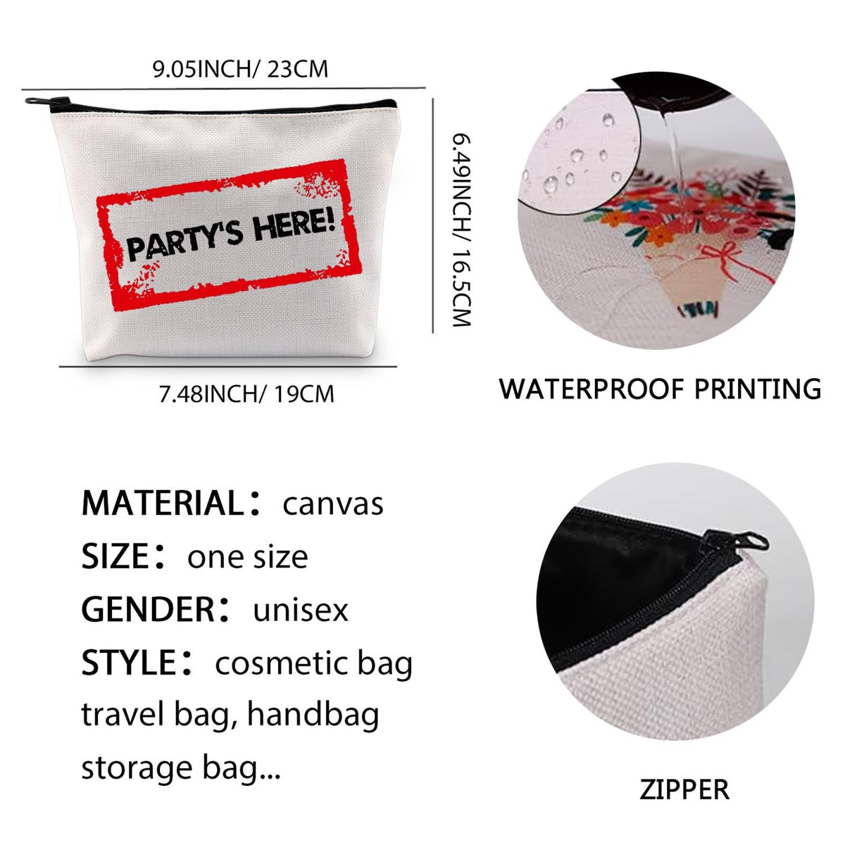 TV Show Inspired Makeup Bag - Party's Here 23cm x 18cm, Waterproof Cotton Linen