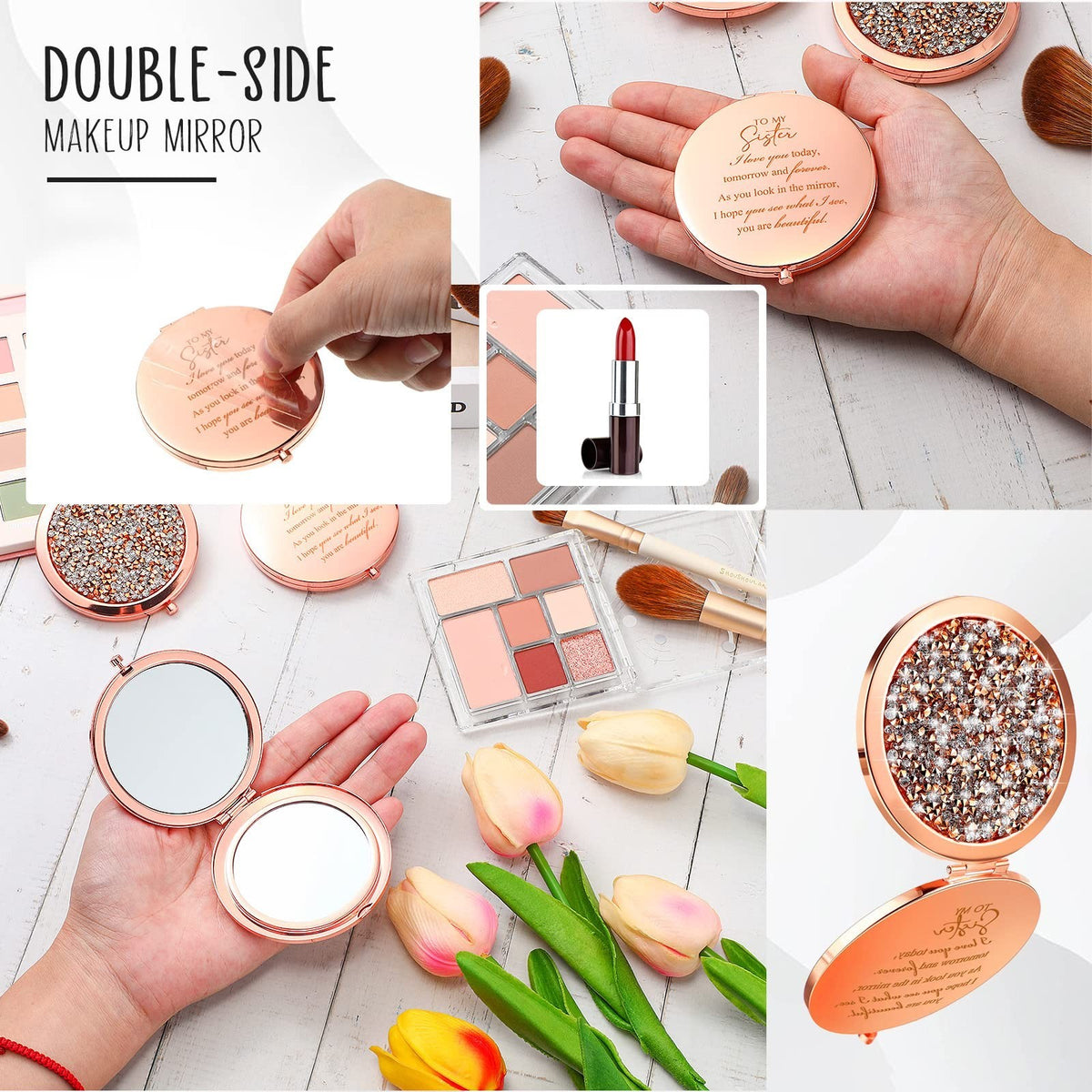 Set of 4 Rose Gold Compact Mirrors for Sister Gifts - Travel & Makeup
