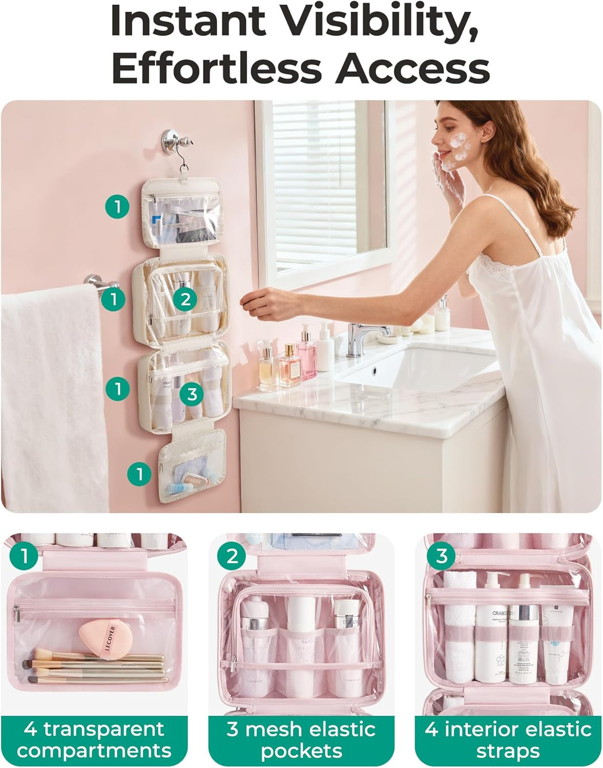 Travel Toiletry Bag for Women Waterproof Makeup Organizer with Hanging Hook