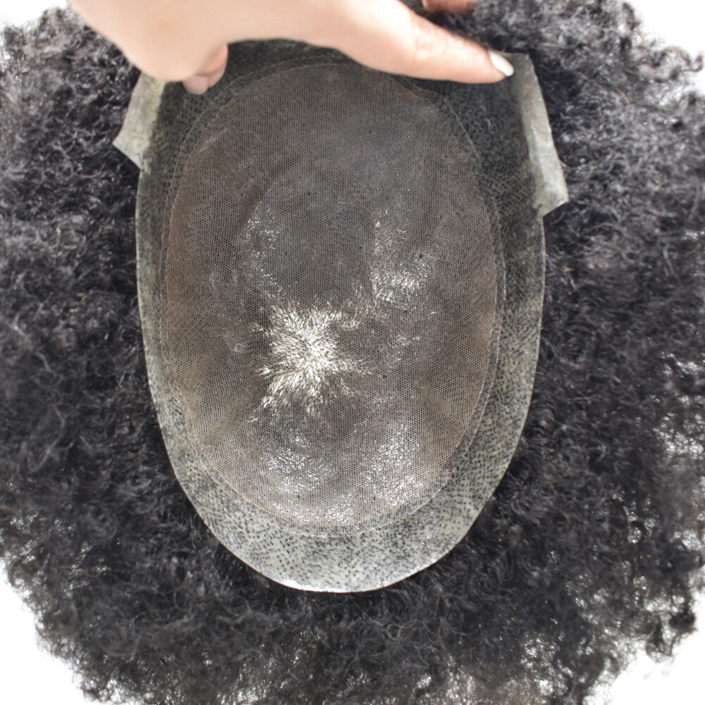 Mens Toupee Afro Curly Wig Lace Front 8x10 Inch Indian Human Hair PU-F