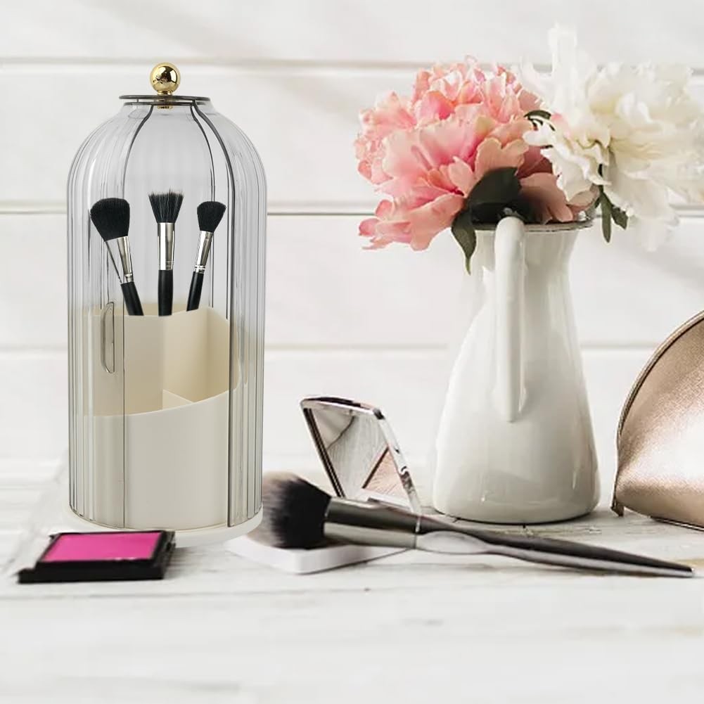 360 Rotating Makeup Brush Organizer with Lid - Detachable 5 Slot Pen Holder
