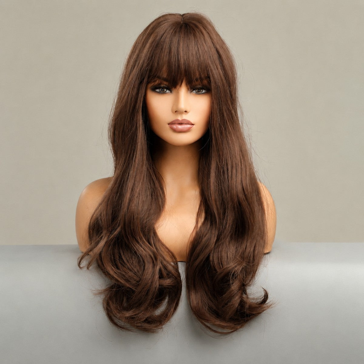 Brown Costume Wig with Bangs - Long Wavy Heat-Resistant Synthetic Hair