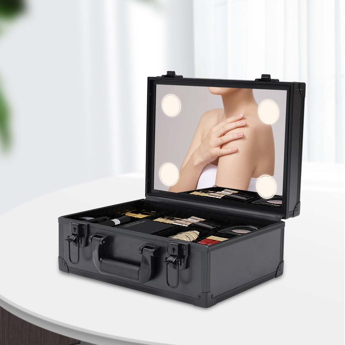Large & Medium Makeup Train Case with LED Light & Adjustable Storage