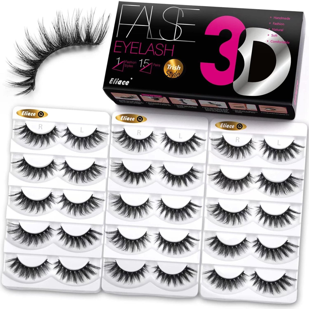 False Eyelashes 15 Pairs Cat Eye 3D Faux Mink Fluffy Natural-Look Lashes