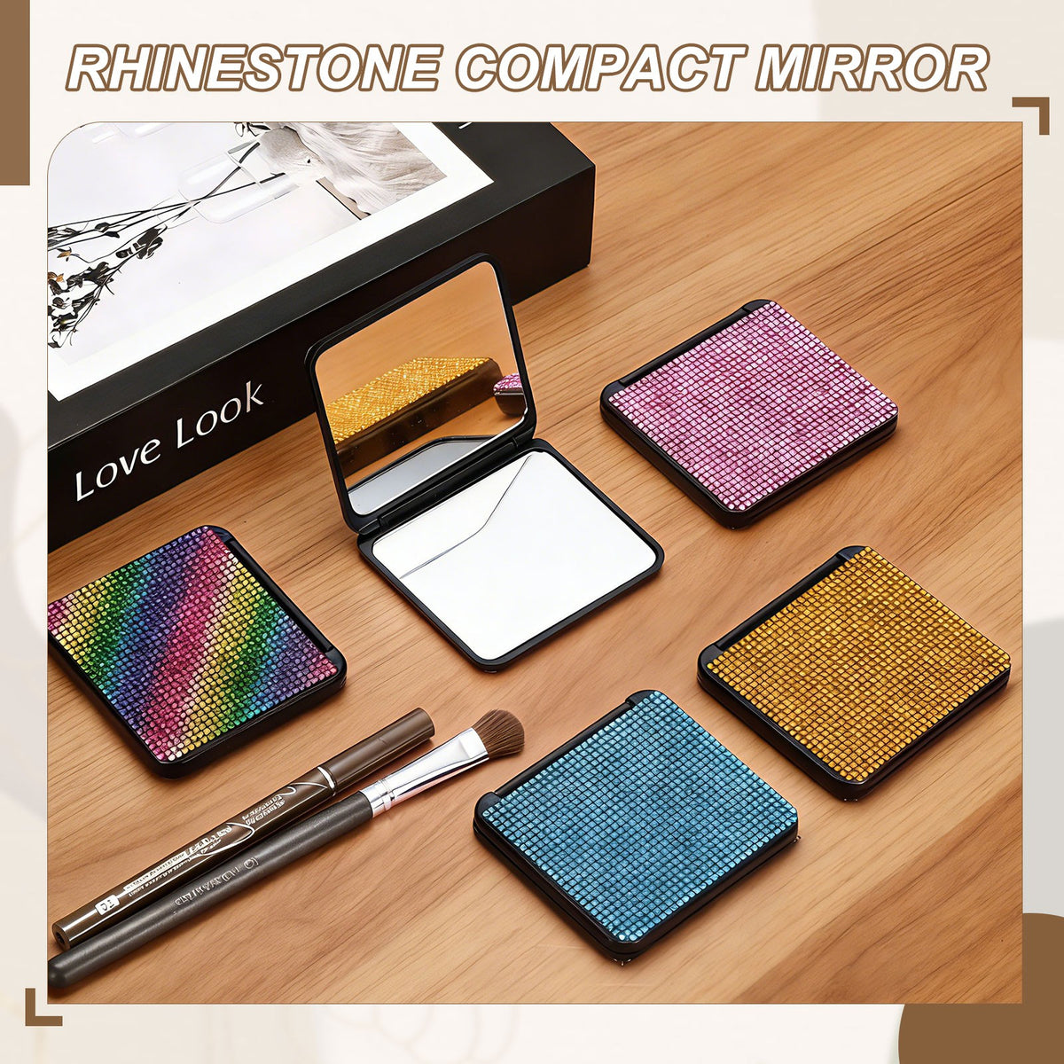 Rhinestone Double-Sided Compact Mirror - Foldable Pocket Makeup Mirror